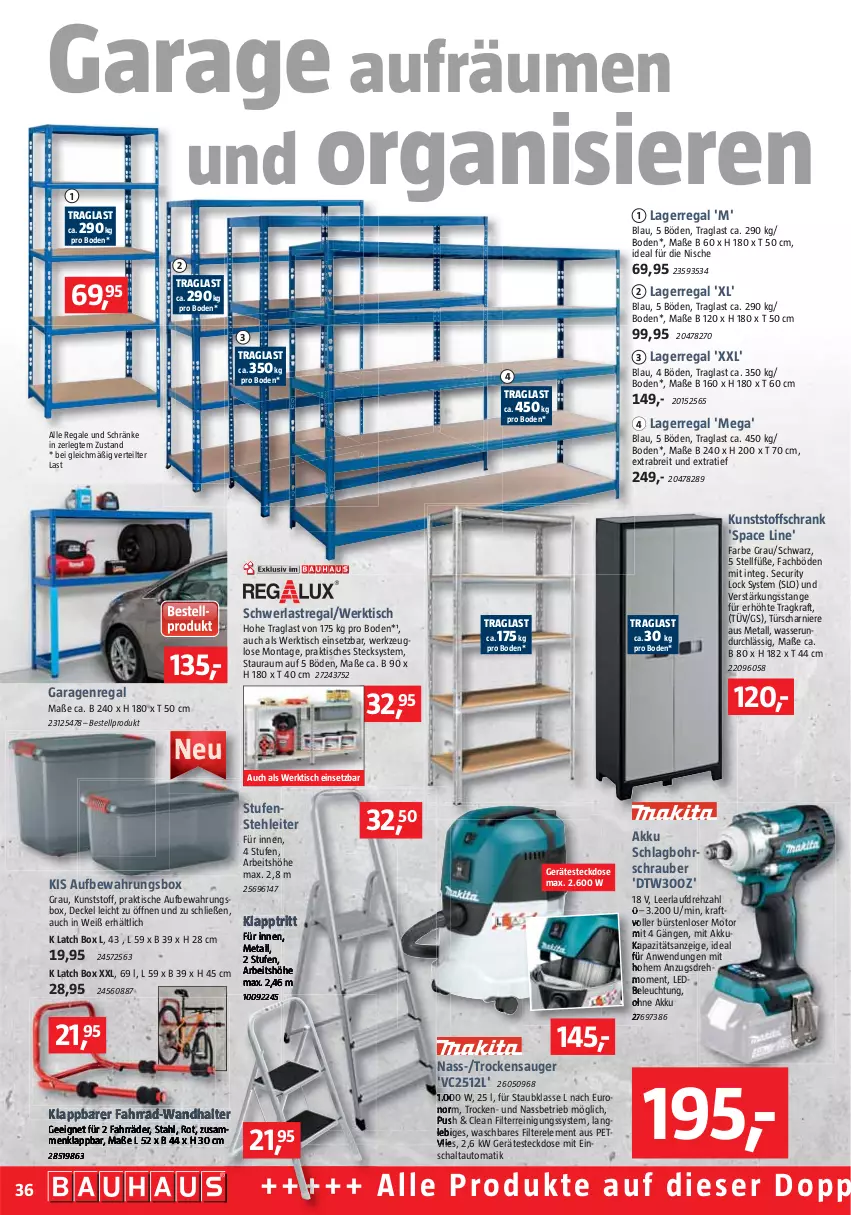 Aktueller Prospekt Bauhaus - Prospekte - von 29.10 bis 03.12.2022 - strona 36 - produkty: akku, Anzug, aufbewahrungsbox, auto, beleuchtung, Bohrschrauber, Brei, bürste, bürsten, decke, Deckel, kraft, regal, Reinigung, rel, Schal, Schrank, schwerlastregal, steckdose, Ti, tisch, Trockensauger, wasser, werkzeug