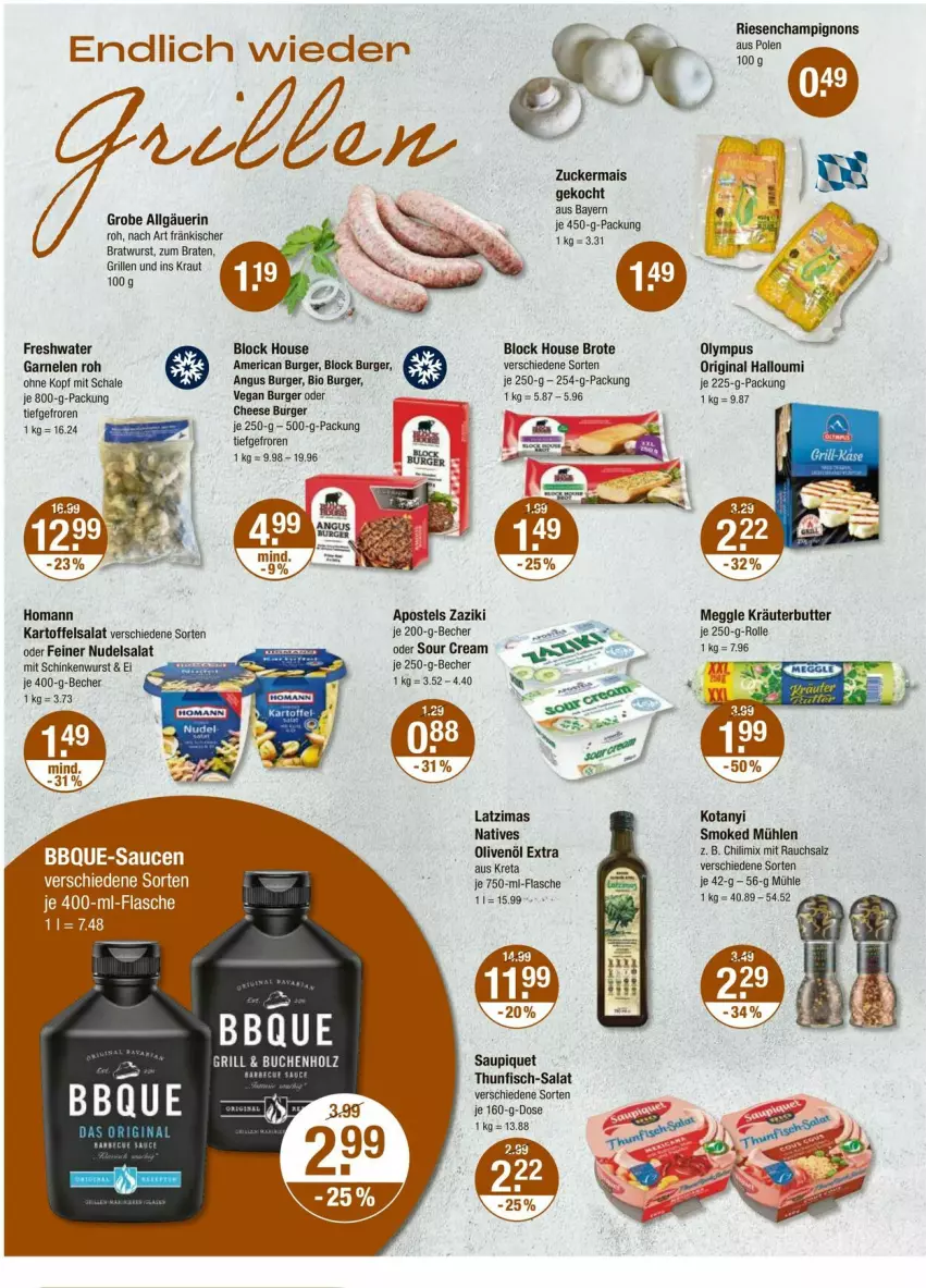 Aktueller Prospekt Vmarkt - Prospekte - von 25.04 bis 01.05.2024 - strona 12 - produkty: apostels, Becher, bio, braten, bratwurst, brot, burger, butter, champignon, champignons, chili, fisch, flasche, garnelen, gin, grill, Halloumi, homann, kartoffel, kartoffelsalat, Kraut, kräuter, kräuterbutter, LG, mais, meggle, nudel, nudelsalat, olive, oliven, olivenöl, olivenöl extra, Rauch, salat, salz, saupiquet, Schal, Schale, schinken, schinkenwurst, sour cream, thunfisch, Ti, wurst, zaziki, zucker, zuckermais