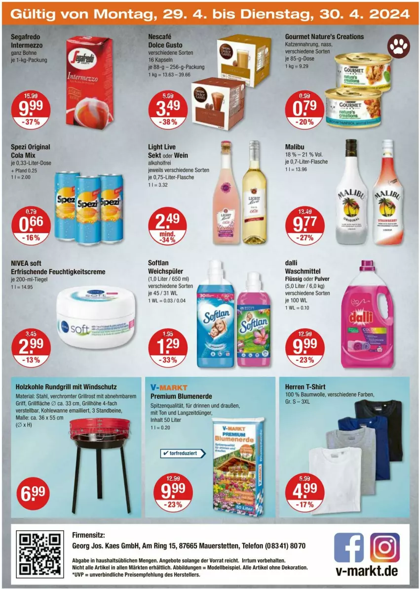 Aktueller Prospekt Vmarkt - Prospekte - von 25.04 bis 01.05.2024 - strona 24 - produkty: alkohol, alle artikel ohne dekoration, angebot, angebote, auer, Bau, baumwolle, blume, blumen, blumenerde, cola, creme, dalli, dekoration, dell, dünger, eis, erde, feuchtigkeitscreme, flasche, gin, grill, grillrost, Holz, holzkohle, kaes, Malibu, Mode, nivea, Ria, ring, rundgrill, sekt, shirt, Softlan, Spezi, spitzenqualität, T-Shirt, telefon, Ti, Wanne, waschmittel, weichspüler, wein, Windschutz, wolle