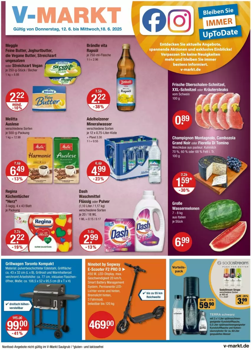 Aktueller Prospekt Vmarkt - Prospekte - von 12.06 bis 18.06.2025 - strona 1 - produkty: adelholzener, Alwa, angebot, angebote, Becher, butter, champignon, edelstahl, flasche, gin, grill, grillfläche, Holz, joghur, joghurt, Käse, küche, Küchen, küchentücher, LG, meggle, melitta, melone, melonen, mineralwasser, rapsöl, Ria, salz, Schal, Schale, Streichzart, Ti, tücher, vita, waschmittel, wasser, wassermelone, wassermelonen, weichkäse
