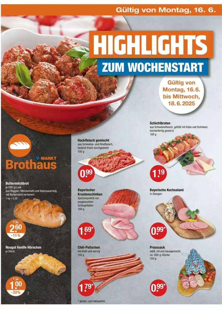 Aktueller Prospekt Vmarkt - Prospekte - von 12.06 bis 18.06.2025 - strona 22 - produkty: auer, braten, brot, chili, eis, fleisch, gewürz, hackfleisch, hackfleisch gemischt, hörnchen, Käse, Krustenschinken, küche, Küchen, Laufen, mac, mehl, natur, presssack, rind, rindfleisch, sac, salami, schinken, schwein, schweine, schweinefleisch, spitzenqualität, Ti, vanille, wein, weine, weizenmehl