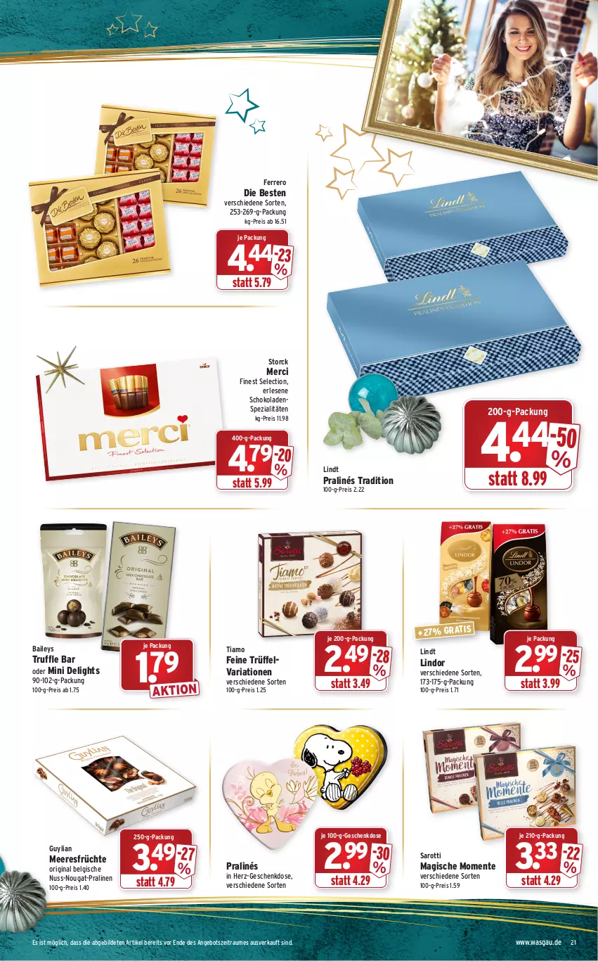 Aktueller Prospekt Wasgau - Prospekte - von 20.12 bis 24.12.2021 - strona 21 - produkty: angebot, baileys, eis, ente, ferrero, früchte, gin, LG, lindor, lindt, meeresfrüchte, merci, nuss, pralinen, reis, Ria, saro, sarotti, schoko, schokolade, schokoladen, Spezi, storck, Ti, Trüffel