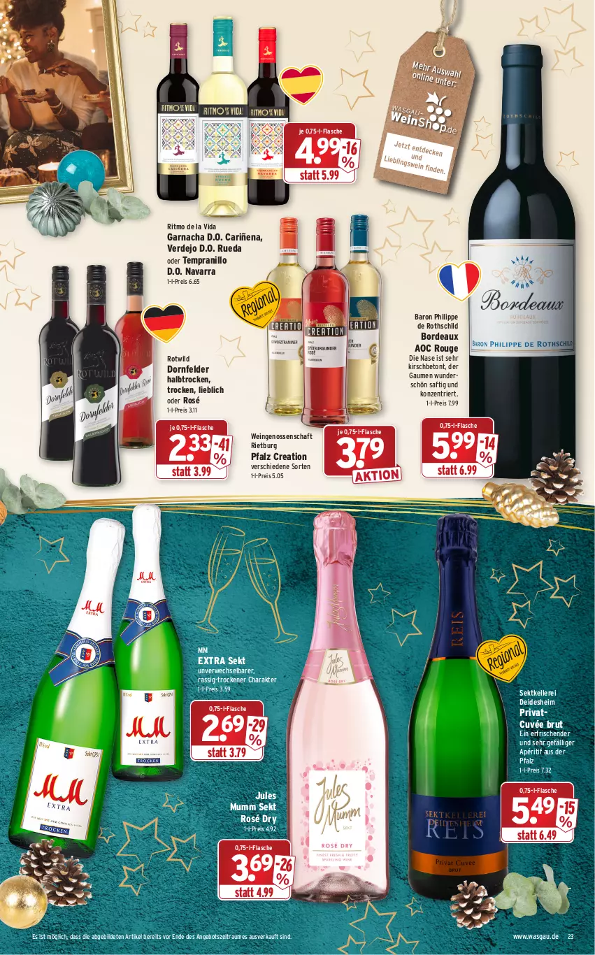 Aktueller Prospekt Wasgau - Prospekte - von 20.12 bis 24.12.2021 - strona 23 - produkty: angebot, brut, cuvée, dornfelder, eis, elle, erde, flasche, jules mumm, kirsch, mm extra, mumm, reis, rouge, rwe, saft, sekt, tempranillo, Ti, wein, Wild