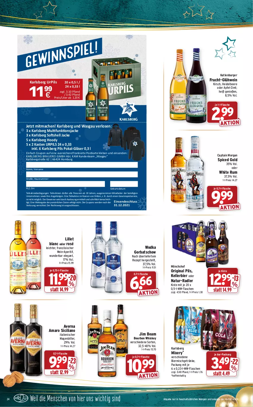 Aktueller Prospekt Wasgau - Prospekte - von 20.12 bis 24.12.2021 - strona 24 - produkty: amaro, aperitif, apfel, auer, averna, beere, bier, bourbon, bourbon whiskey, burger, Cap, captain morgan, coupon, coupons, eis, elle, ente, erde, flasche, frucht, getränk, getränke, gewinnspiel, gin, Gläser, Glühwein, Gorbatschow, Hausnummer, heidelbeere, Jacke, jim beam, karlsberg, karlsberg mixery, katlenburger, kellerbier, kirsch, LG, lillet, mac, Mixer, mixery, mönchshof, mw-flasche, natur, pils, radler, reis, rezept, rum, Ti, wein, whiskey, white rum, wodka