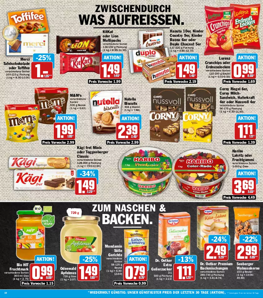 Aktueller Prospekt Aez - Prospekte - von 11.07 bis 16.07.2022 - strona 10 - produkty: apfel, apfelmus, backmischung, Backmischungen, Berger, beutel, bio, bio hit, burger, chips, corny, crunchips, Dr. Oetker, duplo, eis, erdnuss, frucht, fruchtgummi, Fruchtmark, gelierzucker, hafer, hanuta, haribo, Kägi, Kinder, kinder bueno, kinder country, kitkat, kraft, Lakritz, lion, lorenz, lorenz crunchips, merci, milch, mondamin, nuss, nutella, odenwald, reis, reiss, riegel, sandwich, schoko, schokolade, seeberger, tafelschokolade, Ti, toffifee, walnuss, walnusskerne, ZTE, zucker