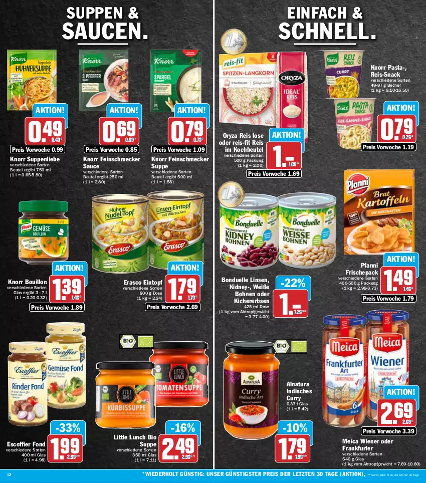 Aktueller Prospekt Aez - Prospekte - von 11.07 bis 16.07.2022 - strona 12 - produkty: Becher, beutel, bio, bohne, bohnen, bonduelle, curry, eintopf, eis, elle, erasco, erbsen, feinschmecker, frankfurter, kichererbsen, kidney, knorr, knorr pasta, kochbeutel, linsen, meica, natur, natura, oryza, pasta, pfanni, reis, reis-fit, sauce, saucen, snack, suppe, suppen, suppenliebe, Ti, topf, Weiße Bohnen, wiener, ZTE