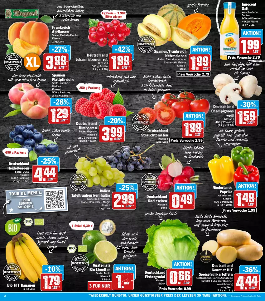 Aktueller Prospekt Aez - Prospekte - von 11.07 bis 16.07.2022 - strona 2 - produkty: aprikose, aprikosen, banane, bananen, Bau, beere, beeren, berliner, bio, bio hit, braten, champignon, champignons, eis, eisbergsalat, elle, flasche, fleisch, frucht, früchte, fruchtfleisch, Frühkartoffeln, grill, heidelbeere, heidelbeeren, himbeer, himbeere, himbeeren, Innocent, joghur, joghurt, johannisbeere, Johannisbeeren, kartoffel, kartoffeln, lack, limette, limetten, mac, melone, melonen, Mett, metten, nuss, obst, paprika, paprika rot, pfirsich, pfirsiche, plattpfirsiche, quark, radieschen, Rauch, reis, Ria, rwe, saft, salat, salate, Schal, Schale, shake, smoothie, snack, speisefrühkartoffeln, strauchtomaten, tafeltrauben, Ti, tisch, tomate, tomaten, trauben, vanille, ZTE, zucker