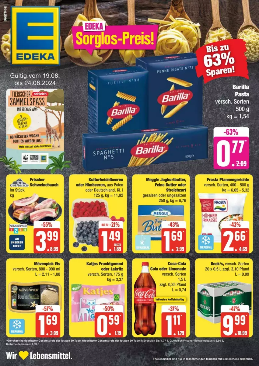 Aktueller Prospekt Edeka - Prospekte - von 17.08 bis 24.08.2024 - strona 1 - produkty: Bau, eis, fleisch, gutfleisch, mövenpick, mövenpick eis, reis, ritter, schwein, schweine, Schweinebauch, Ti, Tiere, wein, weine, ZTE