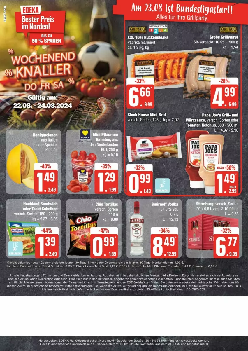 Aktueller Prospekt Edeka - Prospekte - von 17.08 bis 24.08.2024 - strona 24 - produkty: abholpreise, alle artikel ohne dekoration, angebot, angebote, bett, Betten, bio, blume, blumen, brot, deka, dekoration, eis, grill, hochland, honig, honigmelone, honigmelonen, ketchup, melone, melonen, Papa Joe's, pflaume, pflaumen, reis, sandwich, sauce, Sternburg, tee, Ti, toast, tomate, tomaten, tomaten ketchup, trolli, würzsauce, ZTE