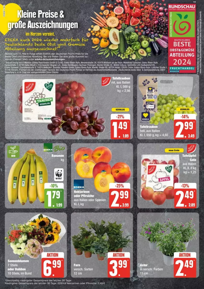 Aktueller Prospekt Edeka - Prospekte - von 17.08 bis 24.08.2024 - strona 6 - produkty: Abtei, arlo, Brei, deka, eier, eis, ente, frucht, Garten, leine, Nektar, nektarinen, nektarinen oder, obst, Obst und Gemüse, oder pfirsiche, pfirsich, pfirsiche, reis, ring, sac, südwest, tee, Ti, uhr, und gemüse, wagner, ZTE