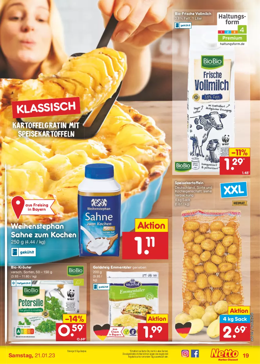 Aktueller Prospekt Netto Marken-Discount - Filial-Angebote - von 16.01 bis 21.01.2023 - strona 19 - produkty: angebot, bestpreis, bio, eis, emmentaler, goldsteig, kartoffel, kartoffeln, kräuter, LG, milch, reis, sac, sahne, speisekartoffeln, Ti, vollmilch, weihenstephan, ZTE