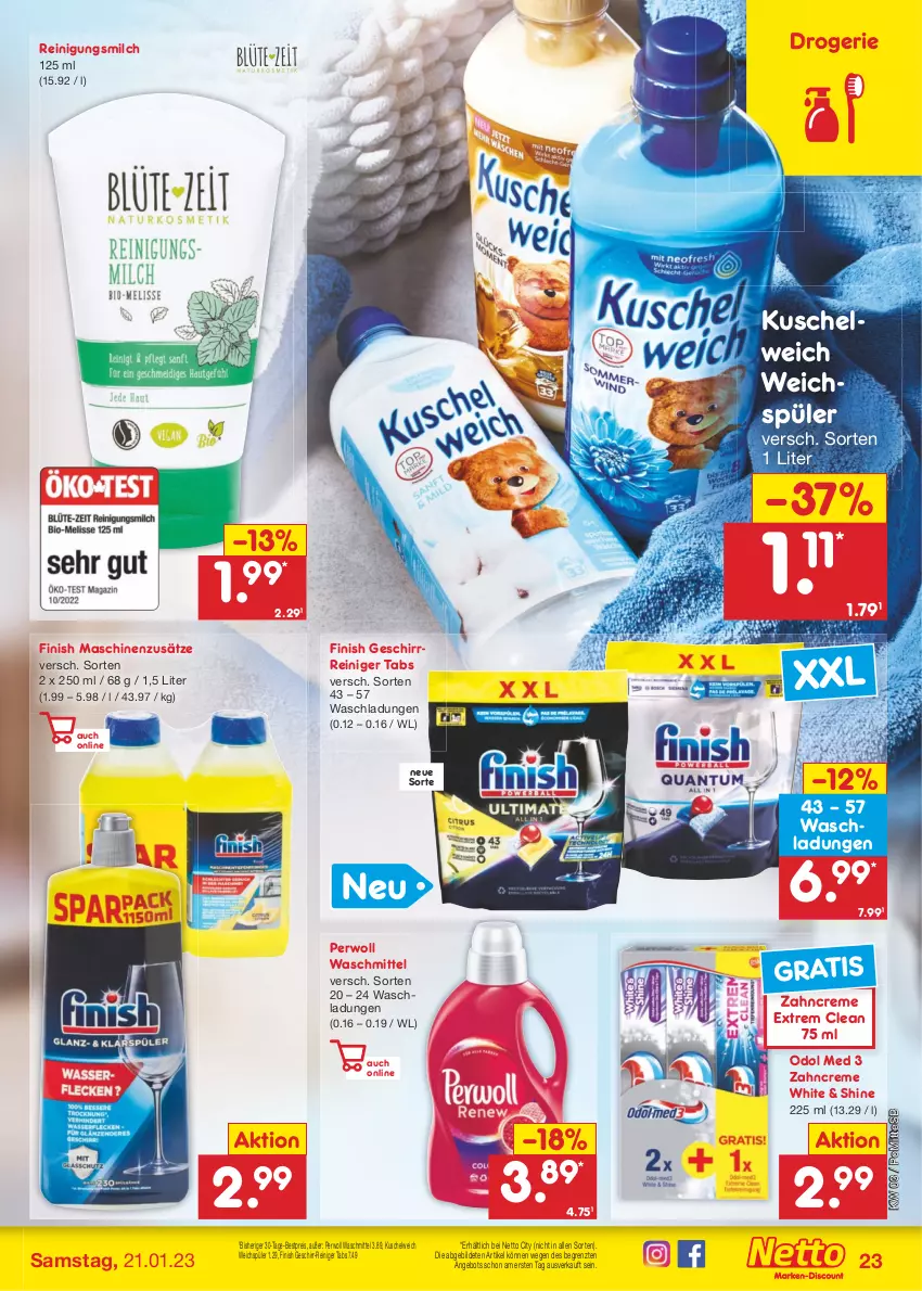 Aktueller Prospekt Netto Marken-Discount - Filial-Angebote - von 16.01 bis 21.01.2023 - strona 23 - produkty: angebot, bestpreis, creme, eis, Finish, geschirr, Kuschelweich, milch, Odol, odol med, perwoll, reiniger, Reinigung, Reinigungsmilch, reis, Ti, waschmittel, weichspüler, zahncreme, ZTE