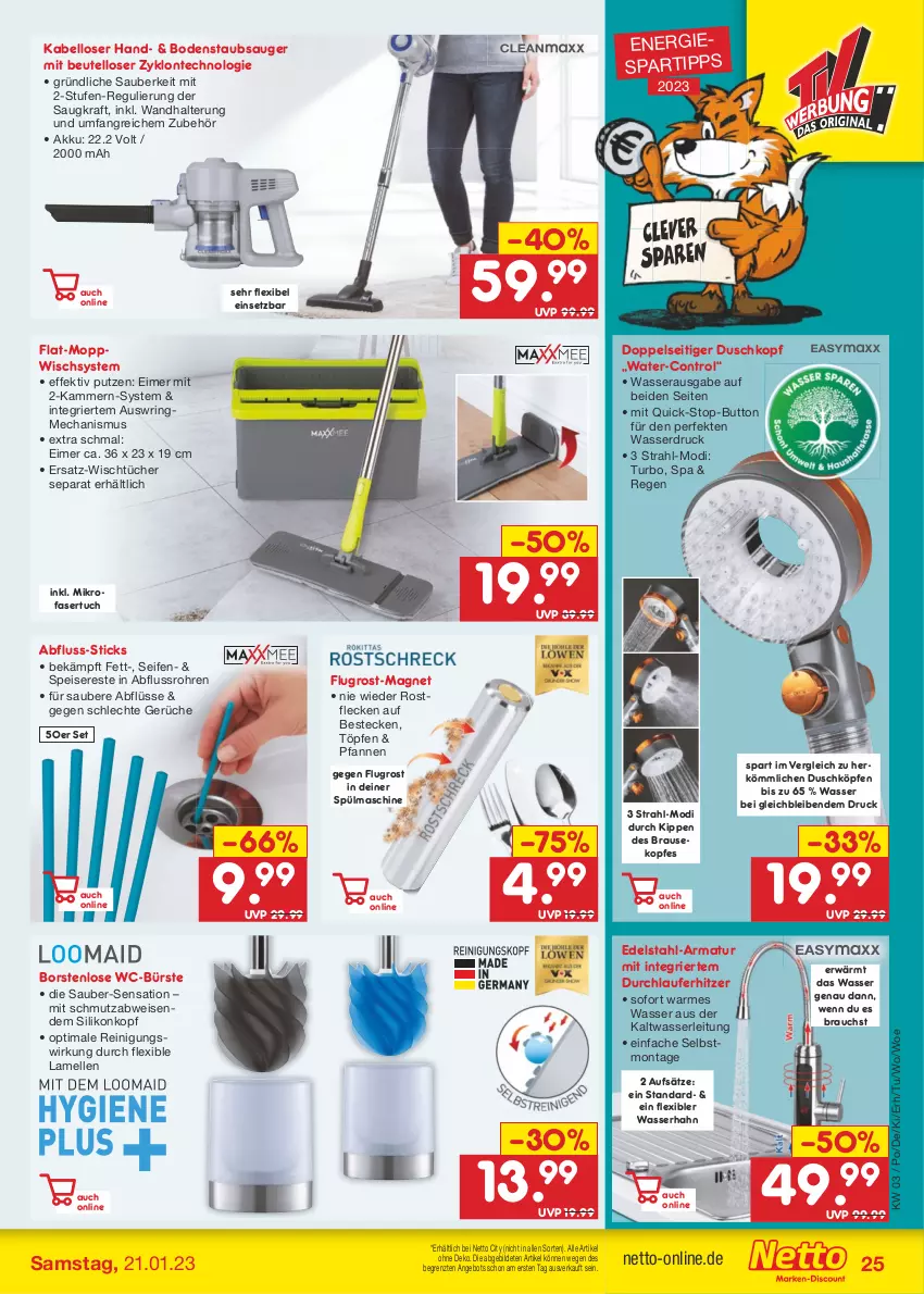 Aktueller Prospekt Netto Marken-Discount - Filial-Angebote - von 16.01 bis 21.01.2023 - strona 25 - produkty: akku, angebot, armatur, besteck, bestecke, beutel, bodenstaubsauger, brause, bürste, edelstahl, eimer, eis, elle, gsw, kraft, mikrofaser, pfanne, pfannen, Rauch, Reinigung, ring, Seife, spartipp, staubsauger, Ti, tuc, tücher, wandhalterung, wasser, WC-Bürste, ZTE