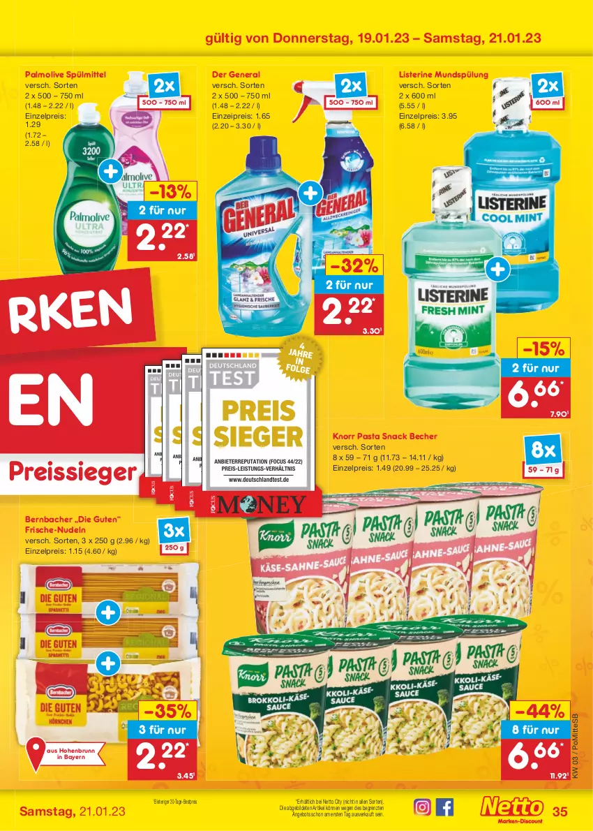 Aktueller Prospekt Netto Marken-Discount - Filial-Angebote - von 16.01 bis 21.01.2023 - strona 35 - produkty: angebot, Becher, bernbacher, bestpreis, eis, knorr, knorr pasta, listerine, mundspülung, nudel, nudeln, olive, palmolive, pasta, pasta snack, reis, reiss, snack, spülmittel, spülung, Ti, ZTE