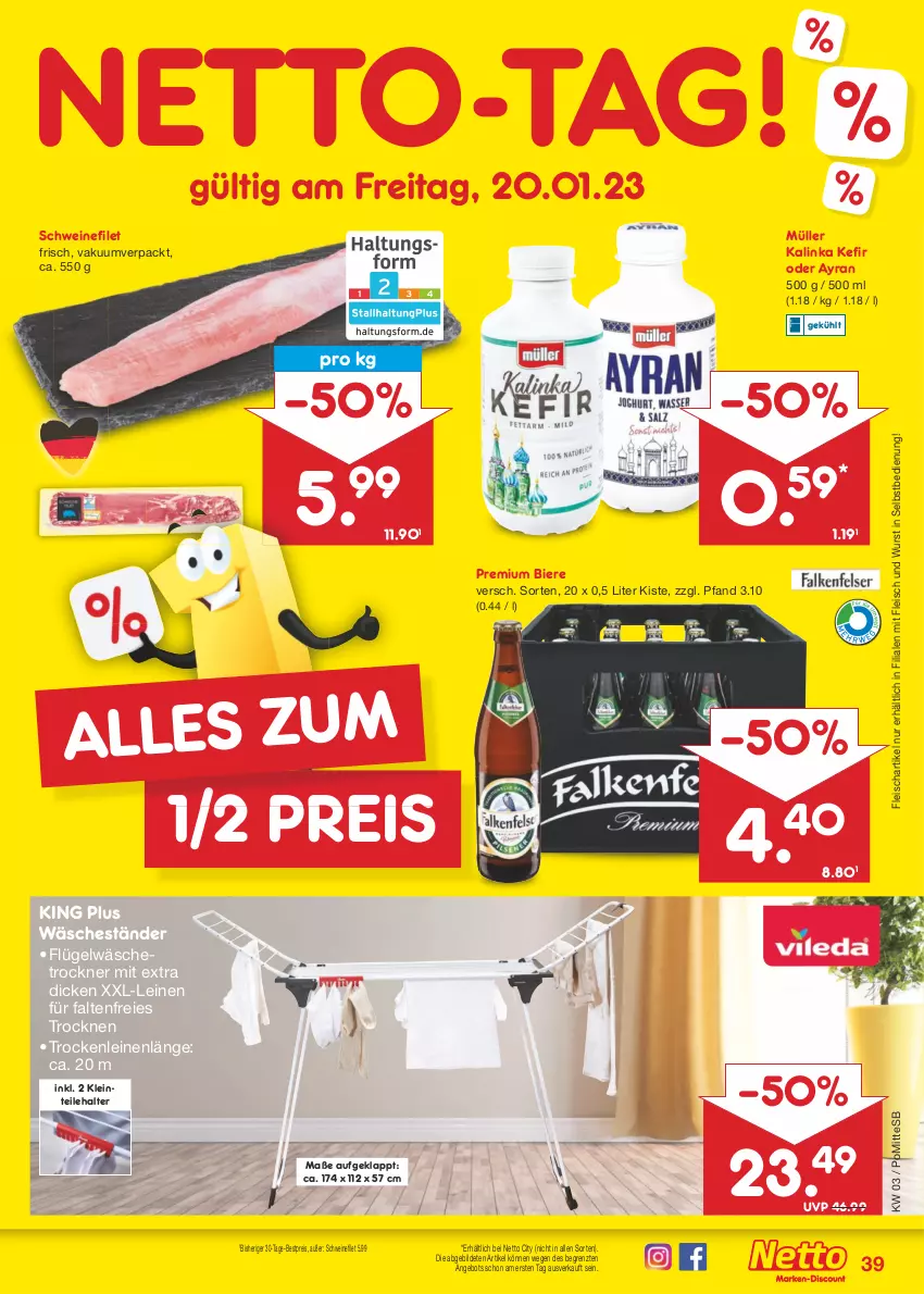 Aktueller Prospekt Netto Marken-Discount - Filial-Angebote - von 16.01 bis 21.01.2023 - strona 39 - produkty: angebot, Ayran, bestpreis, bier, Biere, eis, filet, fleisch, Kefir, leine, Müller, reis, schwein, schweine, schweinefilet, Ti, Trockner, wäschetrockner, wein, weine, wurst, wurst in selbstbedienung, ZTE