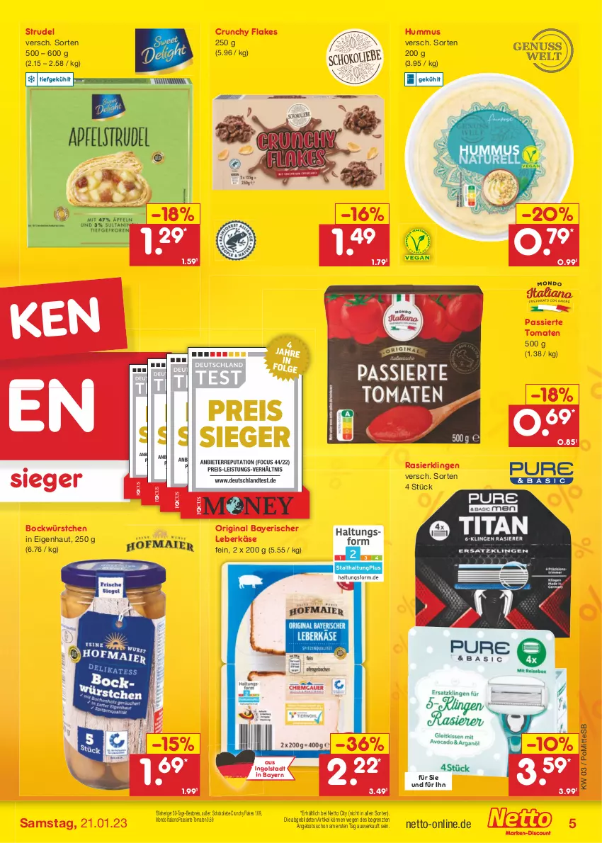 Aktueller Prospekt Netto Marken-Discount - Filial-Angebote - von 16.01 bis 21.01.2023 - strona 5 - produkty: angebot, bestpreis, eis, flakes, gin, hummus, Käse, leberkäs, leberkäse, Rasierklinge, rasierklingen, reis, schoko, Strudel, Ti, tomate, tomaten, würstchen, ZTE