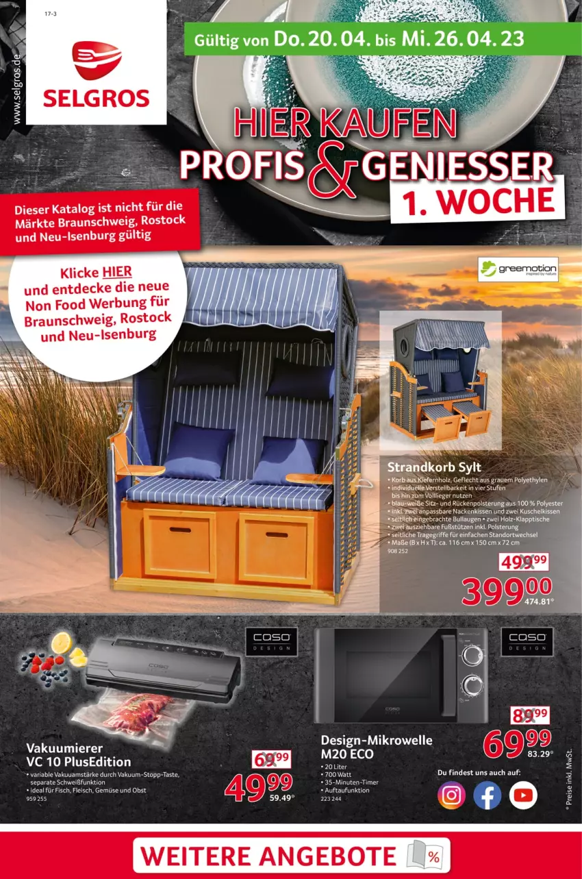 Aktueller Prospekt Selgros - Nonfood - von 20.04 bis 26.04.2023 - strona 1 - produkty: angebot, angebote, braun, decke, eis, elle, fisch, fleisch, Holz, kissen, korb, Liege, nackenkissen, ndk, obst, reis, Ria, strandkorb, Ti, timer, tragegriff, Vakuumierer