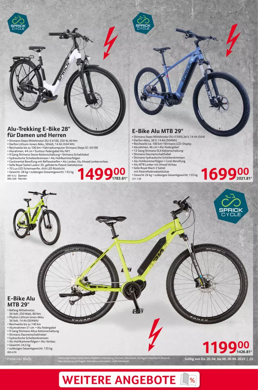 Aktueller Prospekt Selgros - Nonfood - von 20.04 bis 26.04.2023 - strona 23 - produkty: akku, Bau, computer, deo, E-Bike, elle, Fahrrad, felgen, gabel, Kette, LG, lion, mac, pute, reifen, rücklicht, sattel, sattelstütze, Schal, shimano, Ti