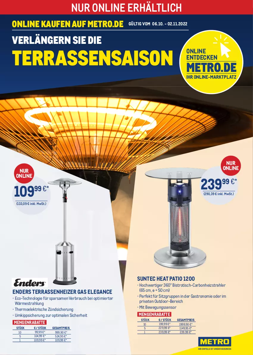 Aktueller Prospekt Metro - ONLINE-MARKTPLATZ - von 06.10 bis 02.11.2022 - strona 1 - produkty: Bewegungssensor, Bistrotisch, decke, eis, enders, Metro, Rauch, reis, Ti, tisch