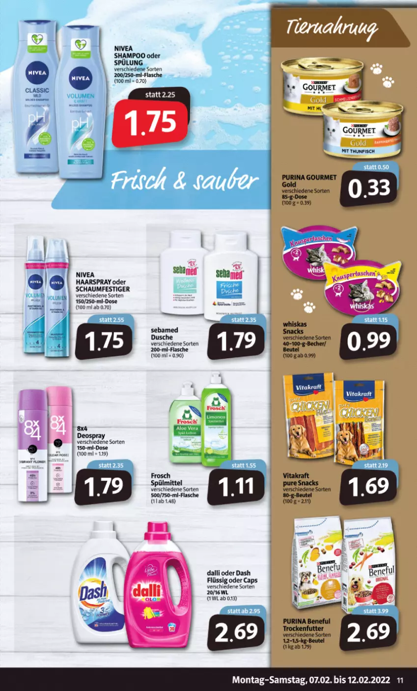 Aktueller Prospekt Markant - Prospekte - von 07.02 bis 12.02.2022 - strona 11 - produkty: Cap, dalli, deo, deospray, dusche, fisch, flasche, Frosch, haarspray, nivea, schaumfestiger, sebamed, shampoo, spülmittel, thunfisch, Ti