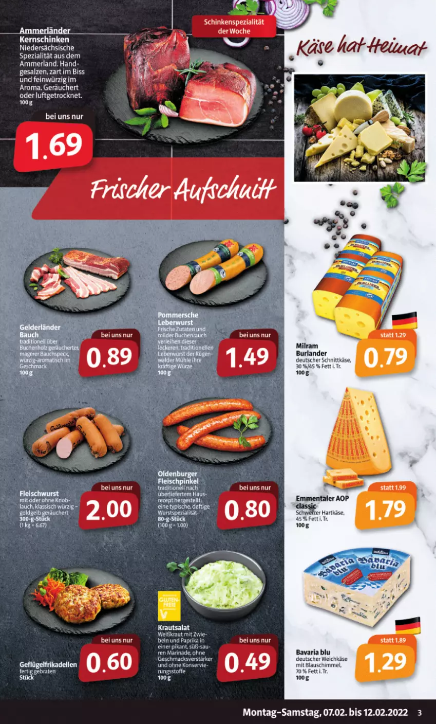 Aktueller Prospekt Markant - Prospekte - von 07.02 bis 12.02.2022 - strona 3 - produkty: bavaria blu, burlander, deutscher schnittkäse, deutscher weichkäse, emmentaler, Käse, Kraut, krautsalat, merl, milram, Ria, salat, schinken, schnittkäse, Spezi, tee, weichkäse