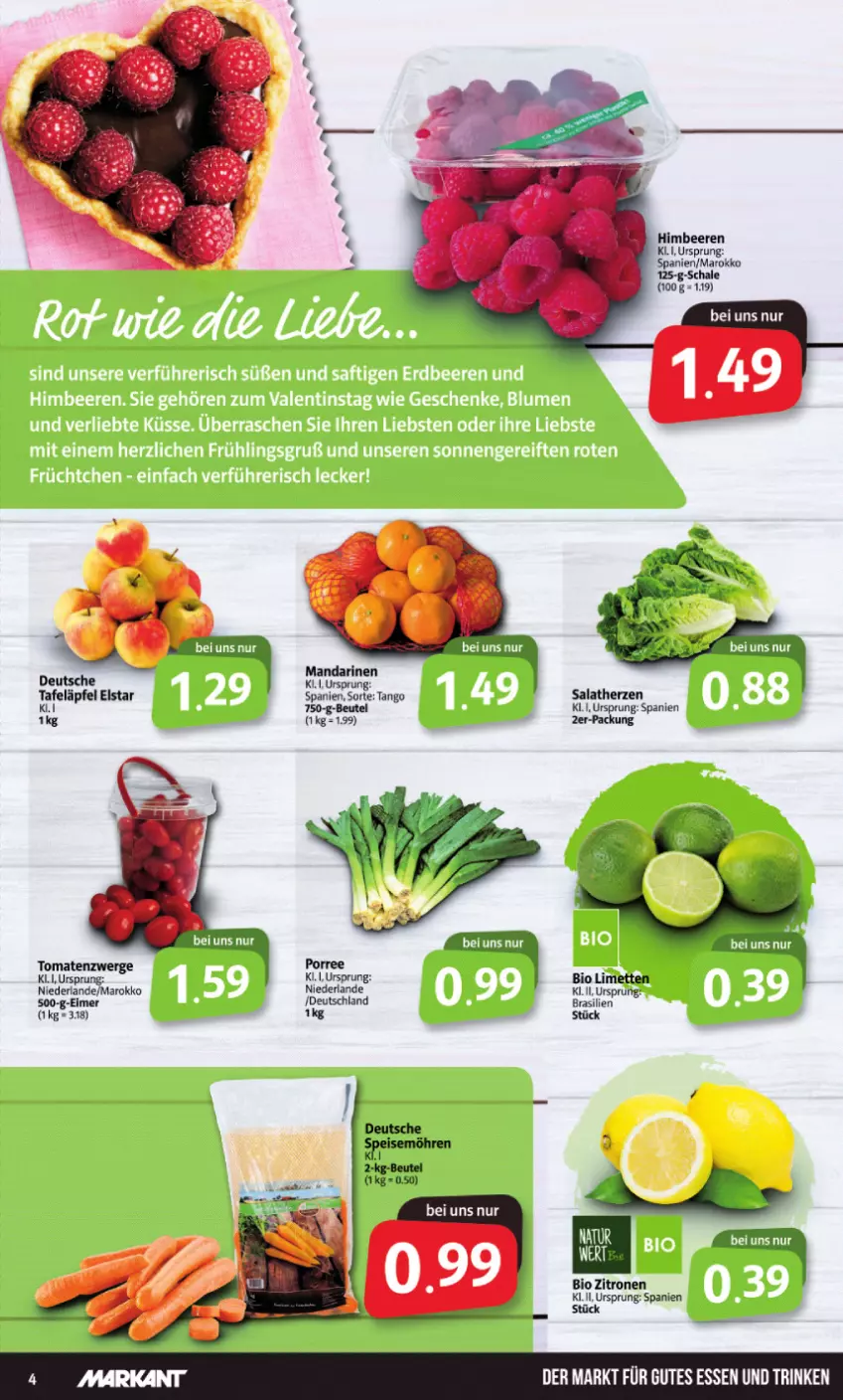 Aktueller Prospekt Markant - Prospekte - von 07.02 bis 12.02.2022 - strona 4 - produkty: Bau, beere, beeren, beutel, bio, eimer, himbeer, himbeere, himbeeren, LG, limette, limetten, mandarine, mandarinen, Mett, metten, salat, salatherzen, Schal, Schale, tafeläpfel, tomate, tomaten, zitrone, zitronen