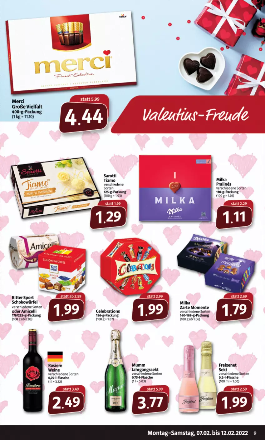 Aktueller Prospekt Markant - Prospekte - von 07.02 bis 12.02.2022 - strona 9 - produkty: amicelli, ente, flasche, freixenet, jahrgangssekt, merci, milka, mumm, ritter, ritter sport, saro, sarotti, schoko, schokowürfel, sekt, Sport, Ti, wein, weine, würfel