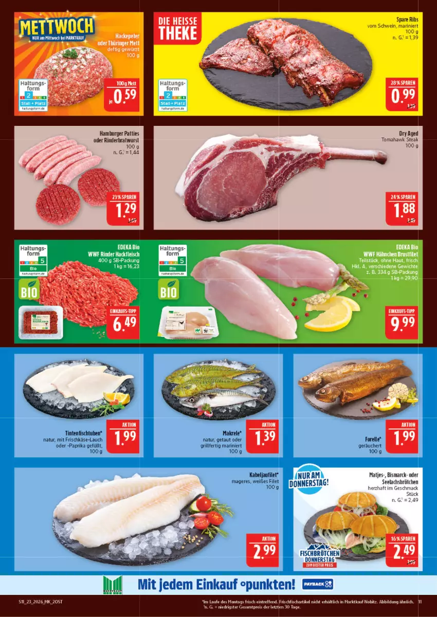 Aktueller Prospekt Marktkauf - Prospekt - von 31.05 bis 06.06.2026 - strona 11 - produkty: bismarck, bratwurst, burger, eis, elle, filet, fisch, forelle, frischfisch, frischkäse, grill, hamburger, kabeljaufilet, Käse, lachs, mac, Makrele, matjes, natur, paprika, reis, rel, rind, rinder, Rinderbratwurst, schwein, spare ribs, steak, Ti, wein, wurst, ZTE