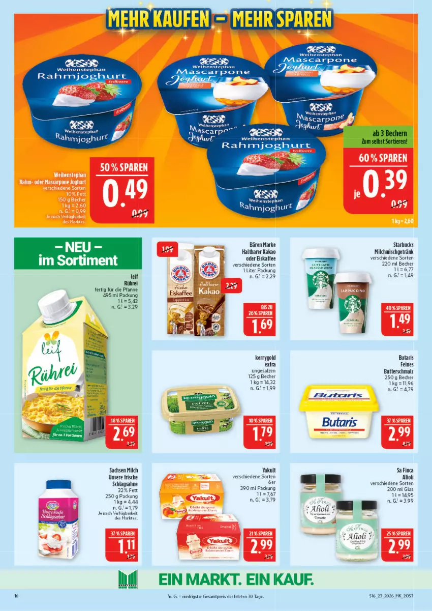 Aktueller Prospekt Marktkauf - Prospekt - von 31.05 bis 06.06.2026 - strona 16 - produkty: Becher, bett, Betten, bio, butter, Butterschmalz, eis, eiskaffee, getränk, joghur, joghurt, kaffee, kakao, kerrygold, LG, malz, mascarpone, milch, pfanne, rahmjoghurt, reis, rel, sac, sahne, salz, schlagsahne, Schmalz, starbucks, Ti, weihenstephan, ZTE