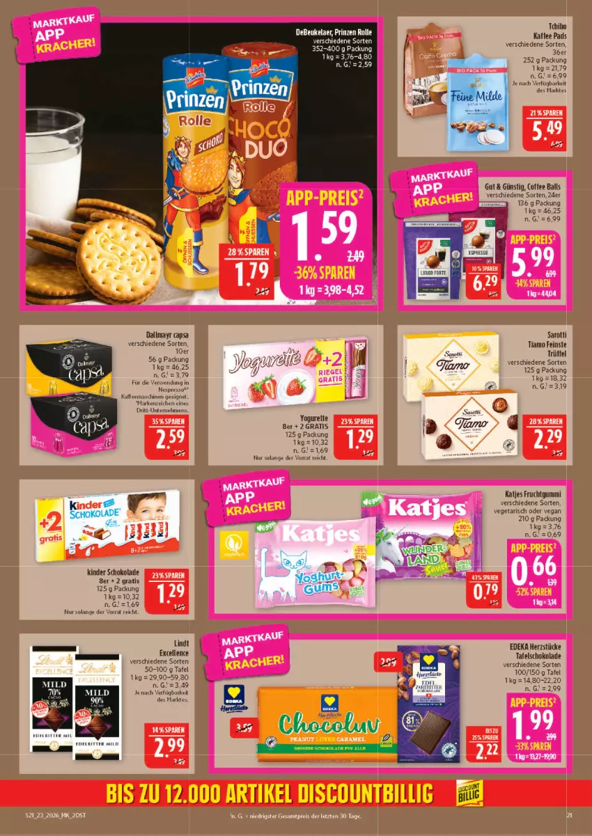 Aktueller Prospekt Marktkauf - Prospekt - von 31.05 bis 06.06.2026 - strona 21 - produkty: ball, Cap, dallmayr, dallmayr capsa, deka, elle, espresso, frucht, fruchtgummi, kaffee, kaffeemaschine, katjes, Kinder, kinder schokolade, lindt, nespresso, rwe, saro, sarotti, schoko, schokolade, tafelschokolade, Tchibo, Ti, Trüffel, Vegeta