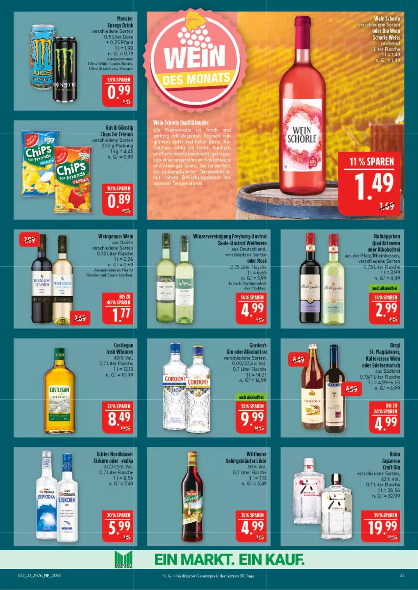 Aktueller Prospekt Marktkauf - Prospekt - von 31.05 bis 06.06.2026 - strona 23 - produkty: alkohol, chips, drink, eis, energy drink, flasche, gin, gordon, Gordon’s, gordons, irish whiskey, korn, kräuter, likör, merl, merlot, monster, Monster Energy, nuss, qualitätswein, Reinigung, sac, Ti, wein, Weißwein, whiskey, wilthener, Yo