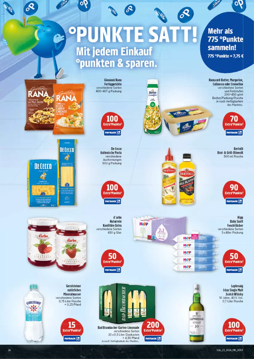 Aktueller Prospekt Marktkauf - Prospekt - von 31.05 bis 06.06.2026 - strona 26 - produkty: Alwa, Bad, Becher, bertolli, butter, creme, culinesse, De Cecco, ecco, fertiggericht, fertiggerichte, feuchttücher, flasche, Garten, gerolsteine, gerolsteiner, giovanni rana, Glaskasten, grill, hipp, italienische pasta, konfitüre, konfitüre extra, laphroaig, limo, limonade, margarine, mineralwasser, natur, natürliches mineralwasser, olive, oliven, olivenöl, pasta, rama, Rana, scotch, scotch whisky, single malt, steiner, Ti, tücher, wasser, whisky