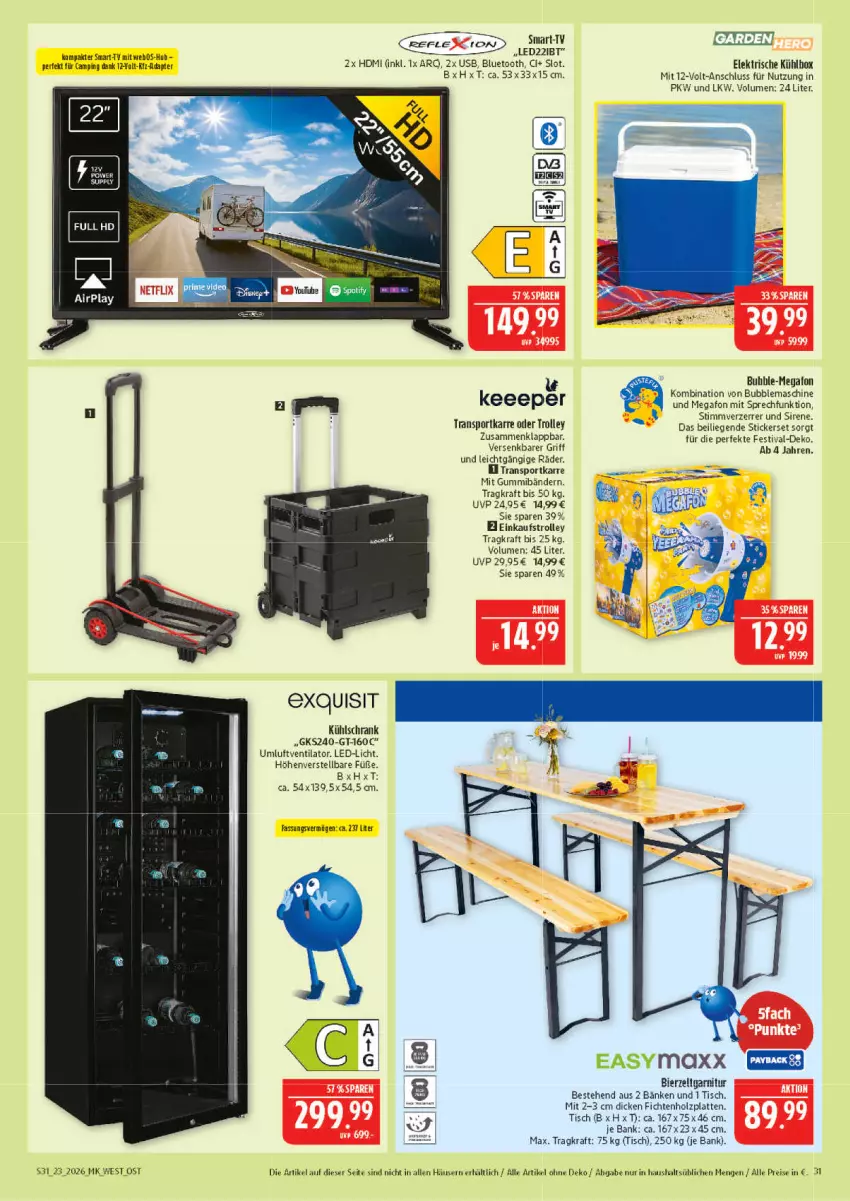 Aktueller Prospekt Marktkauf - Prospekt - von 31.05 bis 06.06.2026 - strona 31 - produkty: adapter, Bank, bier, Bierzeltgarnitur, easymaxx, eis, garnitur, HDMI, Holz, kraft, kühlbox, kühlschrank, latte, led-licht, Liege, reis, Schrank, Sport, Ti, tisch, transportkarre, trolley, usb, ventilator, Zelt
