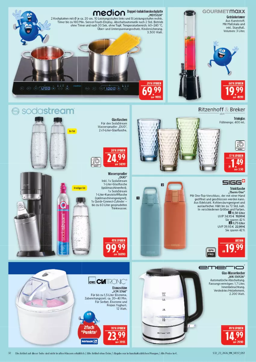 Aktueller Prospekt Marktkauf - Prospekt - von 31.05 bis 06.06.2026 - strona 32 - produkty: auto, Bad, beleuchtung, creme, edelstahl, eis, eiscreme, eismaschine, erde, flasche, glas-wasserkocher, glasflasche, gourmetmaxx, HP, Kinder, Kocher, Kochplatten, latte, medion, reis, Schal, Soda, sodastream, Sorbet, Sprudel, spülmaschinen, Ti, timer, tisch, topf, trinkflasche, trinkglas, wasser, wasserkocher, wassersprudler, Yo, yoghurt