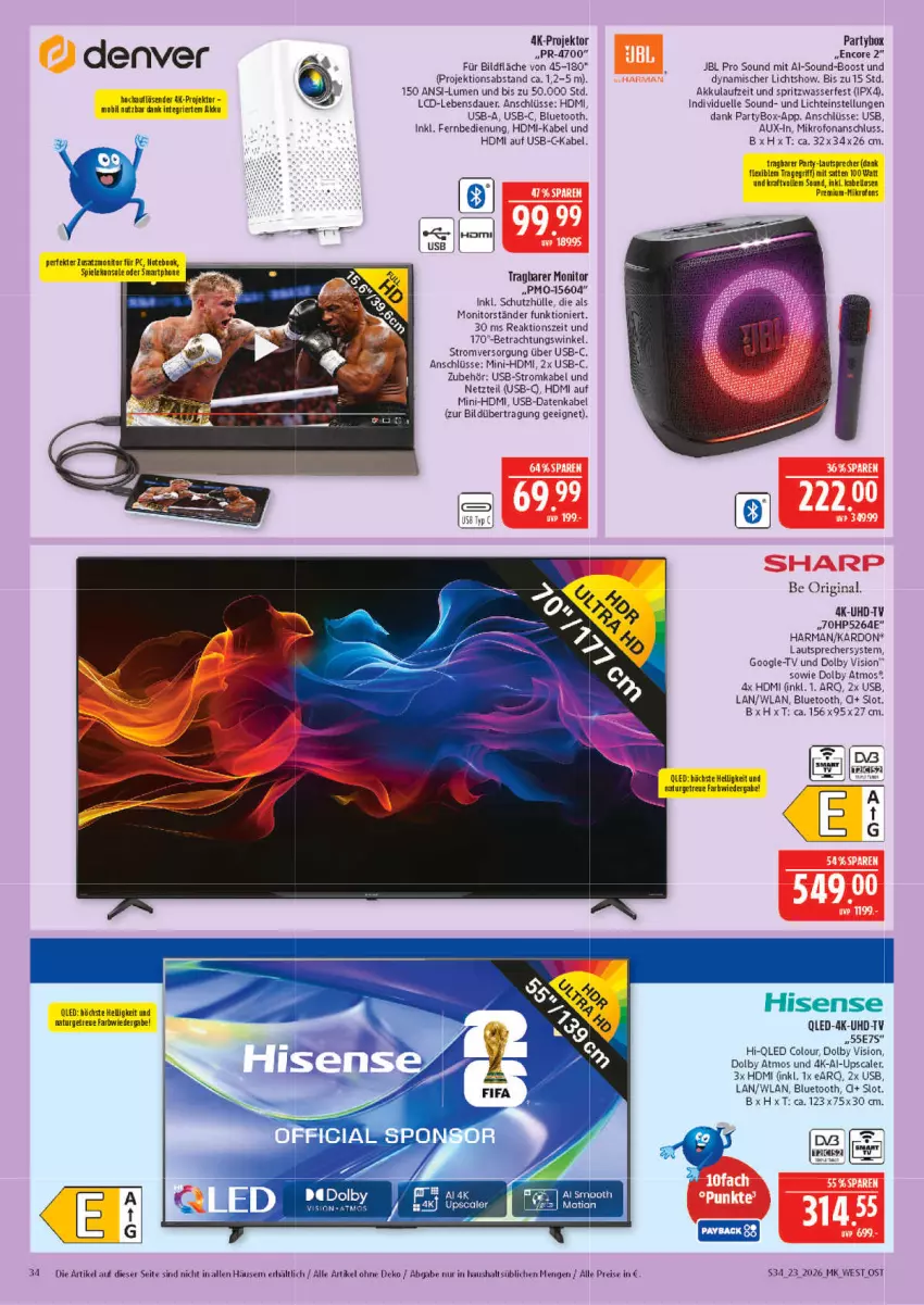 Aktueller Prospekt Marktkauf - Prospekt - von 31.05 bis 06.06.2026 - strona 34 - produkty: akku, auer, eis, elle, fernbedienung, gin, gsw, harman, HDMI, HP, jbl, lautsprecher, monitor, Projektor, qled, reis, schutzhülle, Ti, uhd, UHD-TV, usb, wasser, ZTE