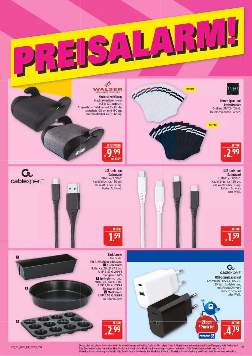 Aktueller Prospekt Marktkauf - Prospekt - von 31.05 bis 06.06.2026 - strona 37 - produkty: Backform, eis, erde, Freizeitsocken, Kinder, Kindersitz, kuchen, ladegerät, Muffin, Muffinform, reis, schnellladegerät, schuhe, Sitzerhöhung, socken, Sport, Ti, tisch, usb, walser