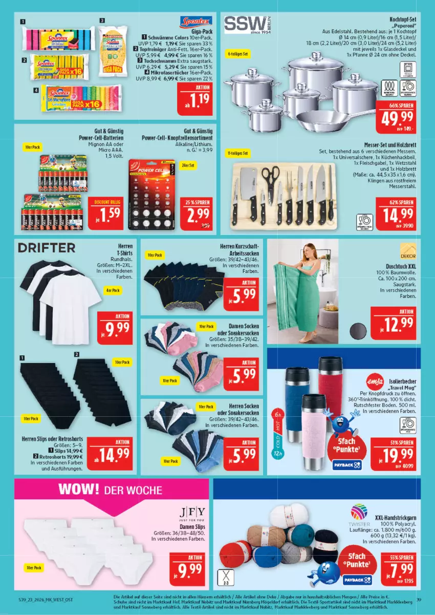 Aktueller Prospekt Marktkauf - Prospekt - von 31.05 bis 06.06.2026 - strona 39 - produkty: batterie, batterien, Bau, baumwolle, Becher, decke, Deckel, duschtuch, edelstahl, eis, elle, fleisch, gabel, Glasdeckel, Holz, isolierbecher, Kochtopf, küche, Küchen, messer, mikrofaser, Mikrofasertücher, mm extra, peperoni, Peroni, pfanne, reiniger, reis, retroshorts, Schere, schuhe, schwamm, shirt, shirts, shorts, slip, slips, sneaker, sneakersocken, socken, Sport, Strickgarn, T-Shirt, Ti, topf, topf-set, travel mug, tuc, tücher, wolle, Yo