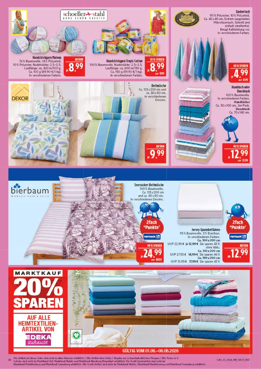 Aktueller Prospekt Marktkauf - Prospekt - von 31.05 bis 06.06.2026 - strona 40 - produkty: Bau, baumwolle, bett, bettwäsche, duschtuch, eis, elle, handtuch, handtücher, heimtextilien, mikrofaser, reifen, reis, rel, schuhe, seersucker, Seersucker-Bettwäsche, Sport, Strickgarn, Ti, tuc, tücher, wolle