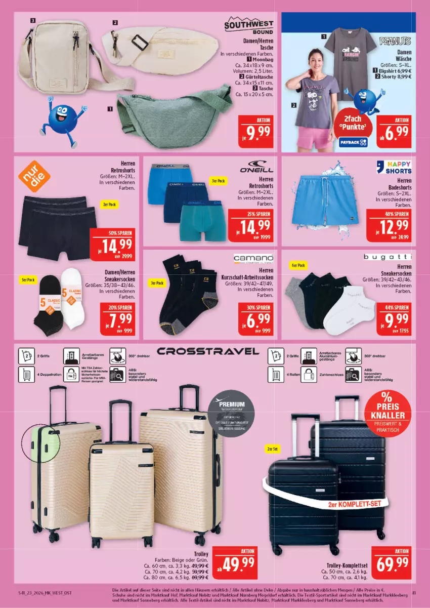 Aktueller Prospekt Marktkauf - Prospekt - von 31.05 bis 06.06.2026 - strona 41 - produkty: Arbeitssocken, Bad, badeshorts, eis, ente, gürteltasche, reis, retroshorts, schuhe, shirt, shorts, shorty, sneaker, sneakersocken, socken, Sport, Tasche, tee, Ti, trolley