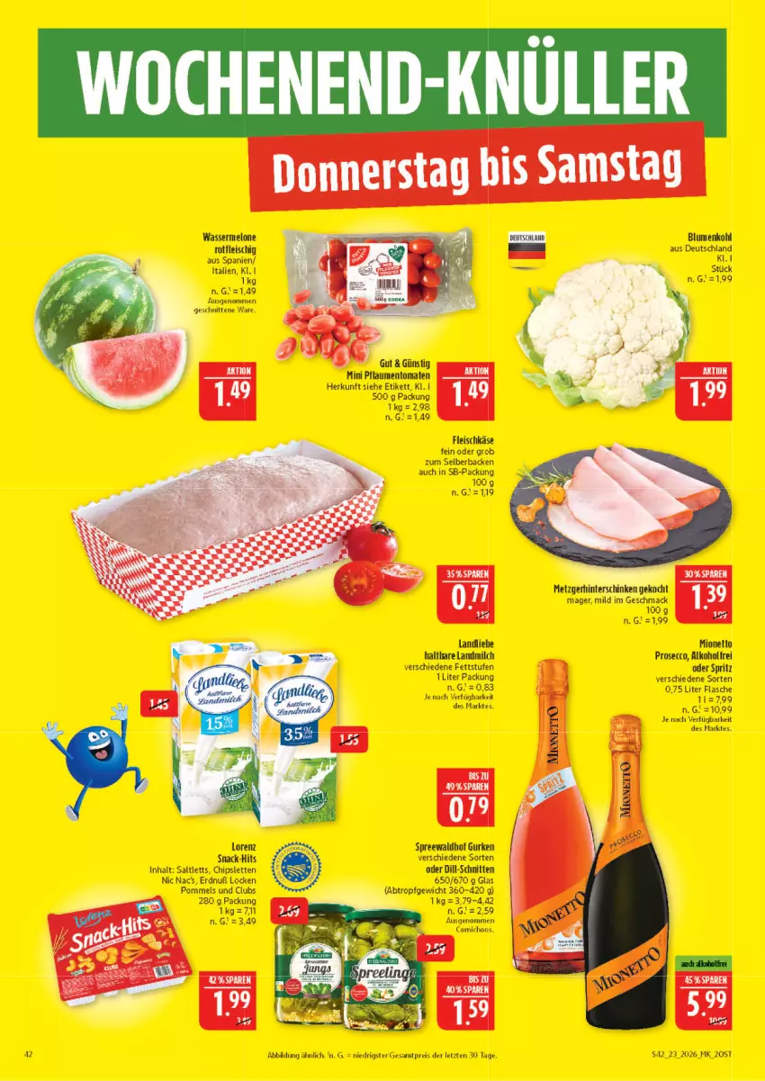 Aktueller Prospekt Marktkauf - Prospekt - von 31.05 bis 06.06.2026 - strona 42 - produkty: alkohol, blume, blumen, blumenkohl, chips, ecco, eis, flasche, fleisch, fleischkäse, gurke, gurken, Käse, landmilch, lorenz, mac, melone, milch, pflaume, pflaumen, Pommels, prosecco, reis, saltletts, schnitten, snack, spreewaldhof, Ti, tomate, tomaten, wasser, wassermelone, ZTE