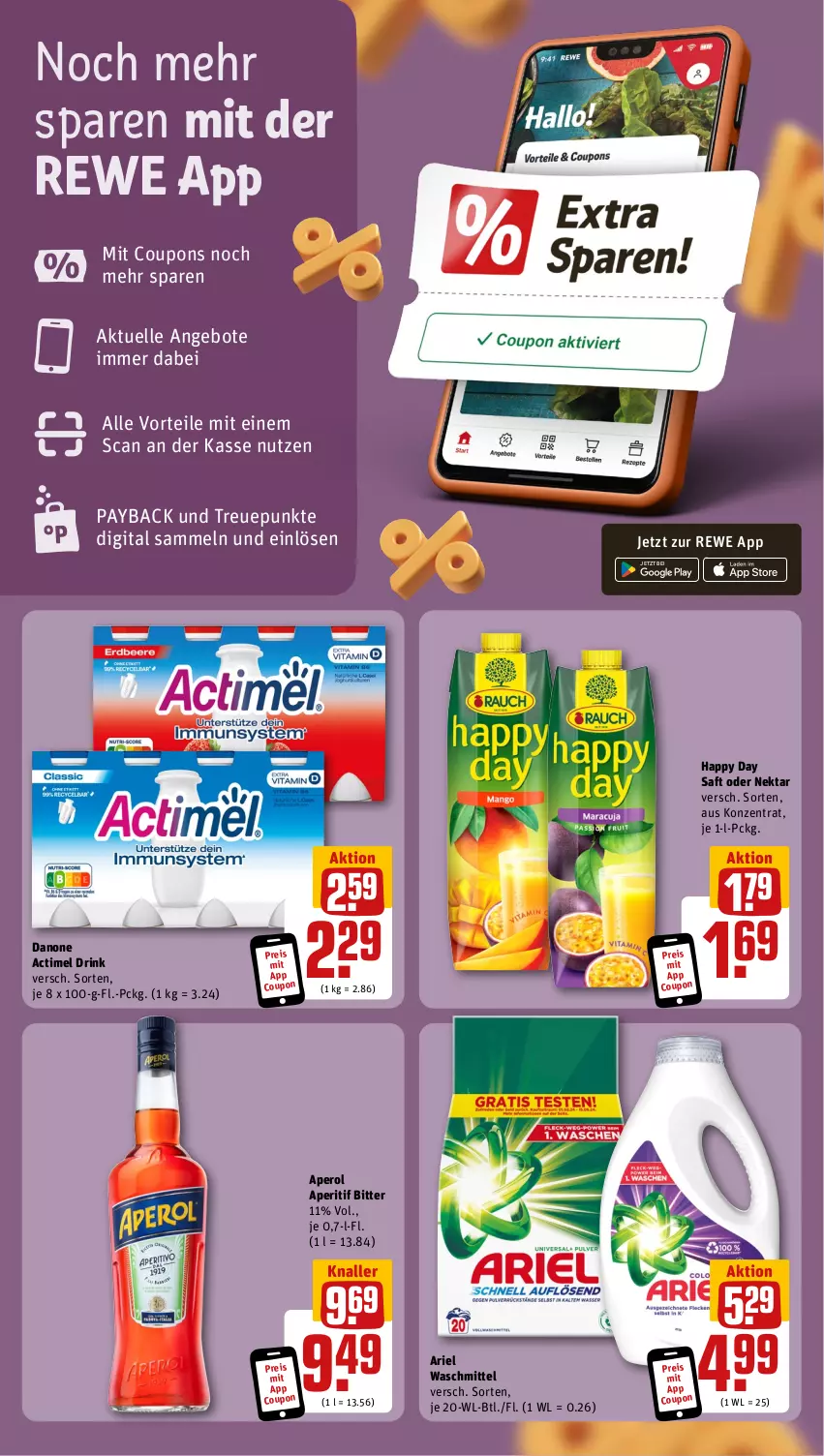 Aktueller Prospekt Rewe - Prospekte - von 10.06 bis 15.06.2024 - strona 3 - produkty: actimel, actimel drink, angebot, angebote, aperitif, aperol, ariel, ariel waschmittel, coupon, coupons, danone, danone actimel drink, drink, eis, elle, Happy Day, Nektar, payback, reis, saft, Ti, waschmittel