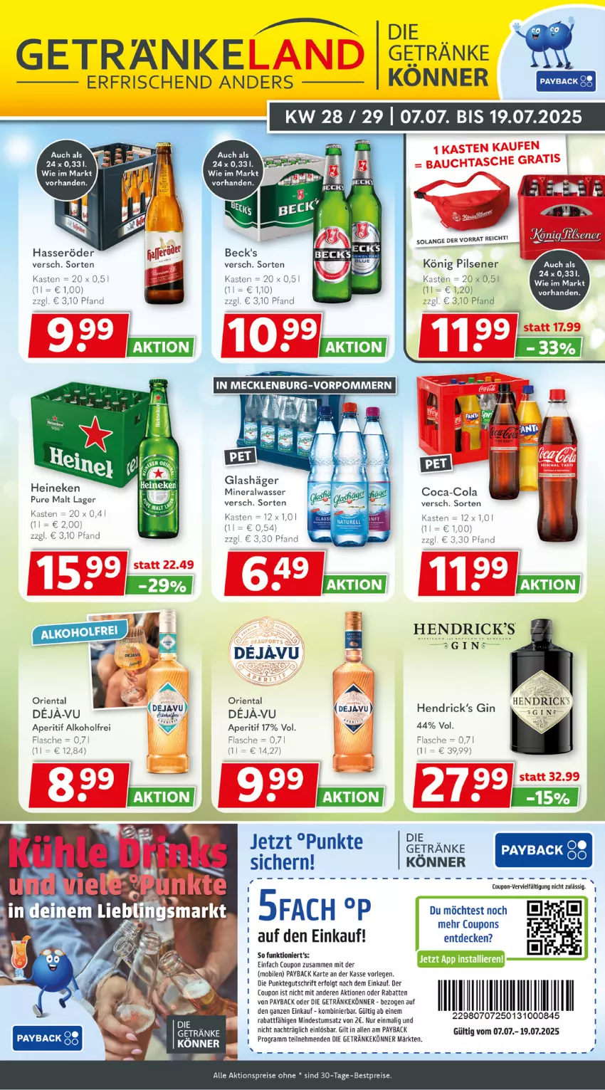 Aktueller Prospekt Getraenkeland - von 06.07 bis 18.07.2025 - strona 1 - produkty: aktionspreis, alkohol, Alwa, aperitif, bestpreis, bestpreise, coca-cola, cola, coupon, coupons, decke, eis, flasche, getränk, getränke, gin, hasseröder, heineken, könig pilsener, LG, mineralwasser, payback, pils, pilsener, reis, Ti, wasser