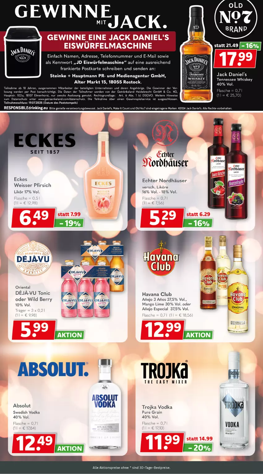 Aktueller Prospekt Getraenkeland - von 06.07 bis 18.07.2025 - strona 9 - produkty: Absolut Vodka, aktionspreis, bestpreis, bestpreise, eis, eiswürfel, Elan, erde, flasche, getränk, getränke, gewinnspiel, Havana Club, jack daniel, jack daniel's, jack daniels, likör, mango, Mixer, pfirsich, reis, rum, tee, telefon, Ti, tonic, vodka, weck, Wild, wild berry, würfel