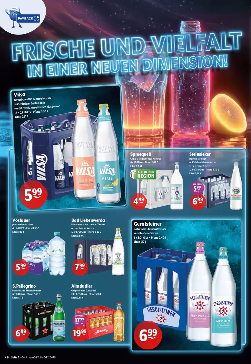 Aktueller Prospekt Getraenke Hoffmann - Prospekte - von 24.11 bis 06.12.2025 - strona 2 - produkty: almdudler, Alwa, auer, Bad, Bad Liebenwerda, bio, eis, elle, gerolsteine, gerolsteiner, gin, limette, Mett, mineralwasser, natur, natürliches mineralwasser, reis, rel, Spreequell, steiner, Steinsieker, Ti, vilsa, vöslauer, wasser, zitrone, zucker