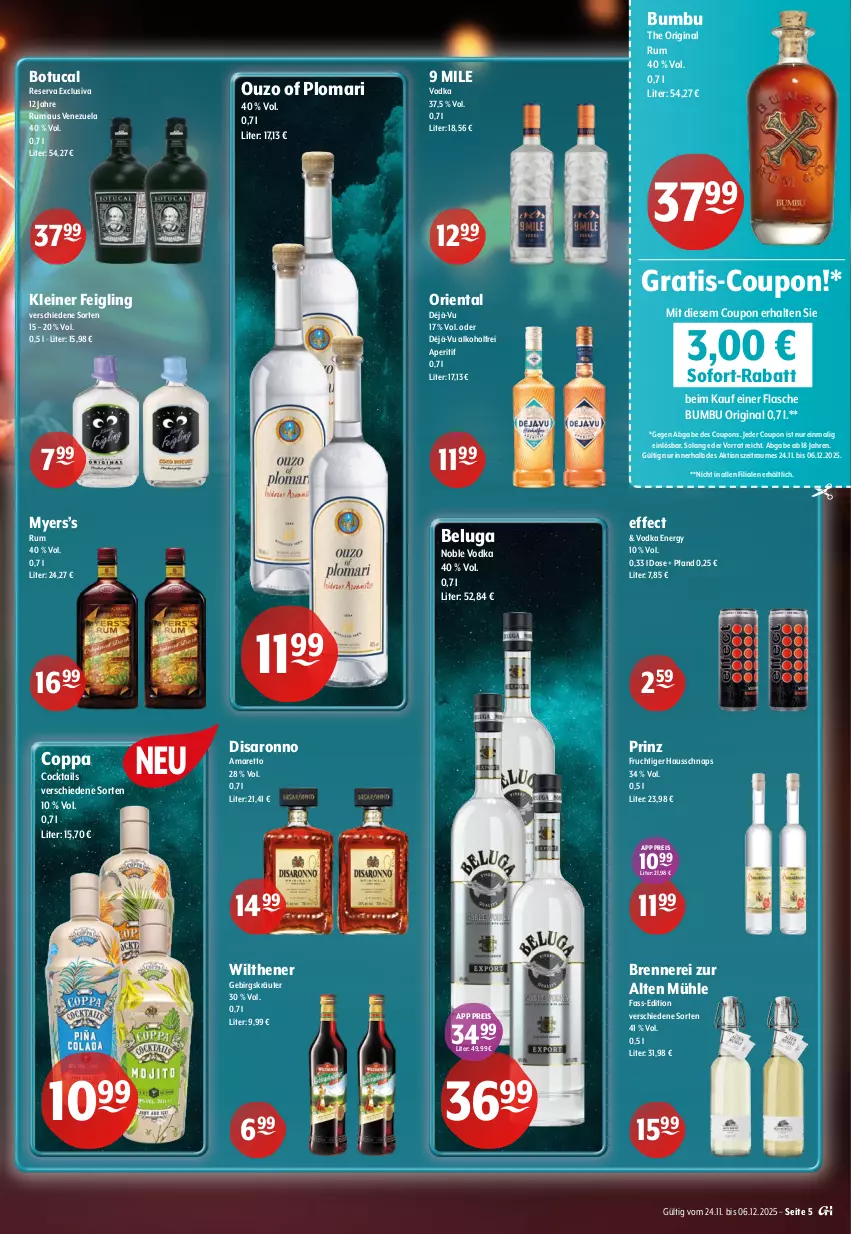 Aktueller Prospekt Getraenke Hoffmann - Prospekte - von 24.11 bis 06.12.2025 - strona 5 - produkty: alkohol, Amaretto, aperitif, Beluga, Bumbu, cocktail, cocktails, coupon, coupons, Effect, eis, flasche, frucht, gin, kleiner feigling, kräuter, leine, ouzo, reis, rum, saro, sofort-rabatt, Ti, tuc, vodka, wilthener