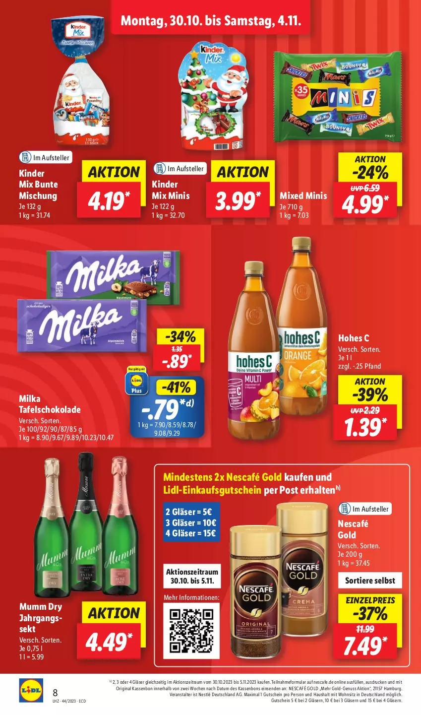 Aktueller Prospekt Lidl - Aktionsprospekt - von 30.10 bis 04.11.2023 - strona 10 - produkty: eis, elle, gin, Gläser, gutschein, Hohes C, jahrgangssekt, Kinder, milka, mumm, nescafe, Nescafé, nescafé gold, nestlé, nuss, reis, schoko, schokolade, sekt, tafelschokolade, teller, Ti, Tiere