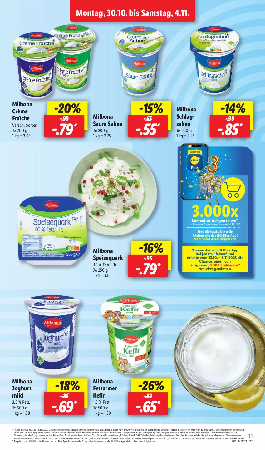 Aktueller Prospekt Lidl - Aktionsprospekt - von 30.10 bis 04.11.2023 - strona 15 - produkty: angebot, Bad, Bona, coupon, coupons, crème fraîche, eis, gutschein, joghur, joghurt, Kefir, Milbona, quark, sahne, speisequark, telefon, Ti, Tüte