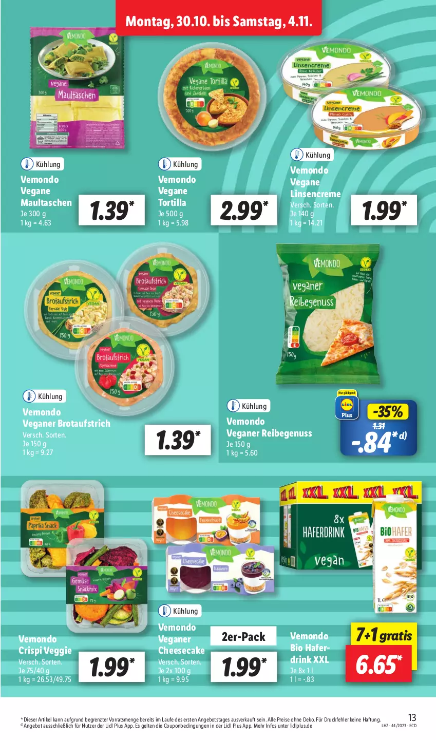 Aktueller Prospekt Lidl - Aktionsprospekt - von 30.10 bis 04.11.2023 - strona 17 - produkty: angebot, aufstrich, bio, brot, brotaufstrich, cheesecake, coupon, creme, drink, eis, hafer, Haferdrink, linsen, maultaschen, nuss, reis, Tasche, taschen, Ti, tortilla, veggie, ZTE