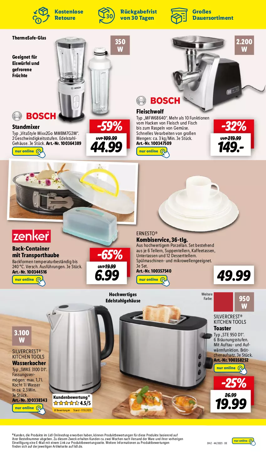 Aktueller Prospekt Lidl - Aktionsprospekt - von 30.10 bis 04.11.2023 - strona 39 - produkty: auer, Backform, brötchen, brötchenaufsatz, Container, dessert, Dessertteller, edelstahl, eis, eiswürfel, elle, ente, ernesto, fisch, fleisch, früchte, kaffee, Kaffeetassen, Kocher, Kombiservice, LG, mikrowelle, Mixer, silvercrest, Sport, spülmaschinen, standmixer, suppe, suppen, tasse, teller, Ti, toast, toaster, vita, wasser, wasserkocher, weck, würfel