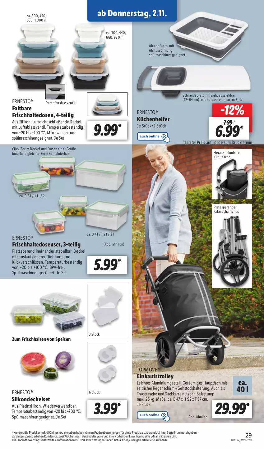 Aktueller Prospekt Lidl - Aktionsprospekt - von 30.10 bis 04.11.2023 - strona 43 - produkty: aluminiumgestell, decke, Deckel, eis, elle, ernesto, frischhaltedosen, korb, mikrowelle, Pfau, reis, rwe, sac, schneidebrett, Tasche, Ti, tragetasche, trolley, weck, ZTE